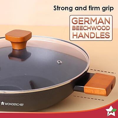 Wonderchef Caesar Forged Virgin Aluminium Kadhai with Glass Lid, 24cm, Black, Greblon C3 Non-stick Coating Wonderchef Caesar Forged Virgin Aluminium Kadhai with Glass Lid, 24cm, Black, Greblon C3 Non-stick Coating