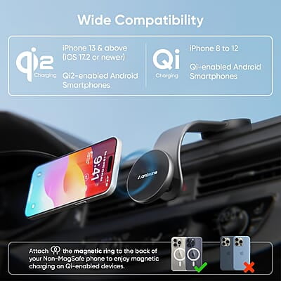 Ambrane 15W Qi-2 Car Dashboard Magnetic Wireless Car Charger for iPhone 15/15 Pro/15 Pro Max, iPhone 14/14 Pro/14 Pro Max, iPhone 13/12, Samsung & Other Qi-2 Device + Magnetic Ring