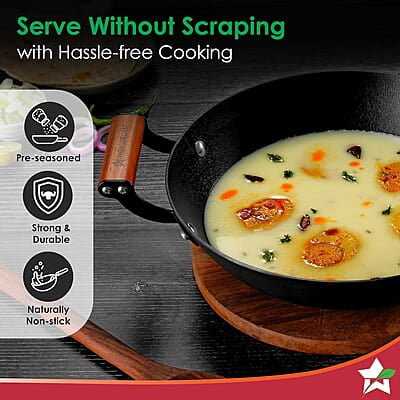 Wonderchef Pre-Seasoned Ferro Light 28cm Kadhai 3.2L Acacia Wooden Handles Wonderchef Pre-Seasoned Ferro Light 28cm Kadhai 3.2L Acacia Wooden Handles
