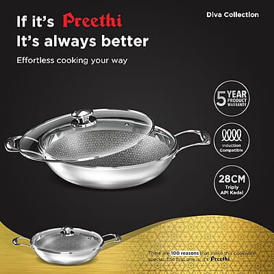 Preethi Diva Collection Triply Stainless Steel Kadai with API Technology, 28 cm, Gas & Induction