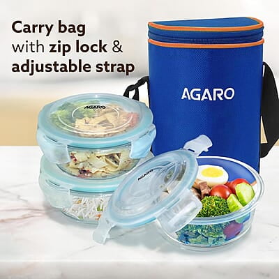 AGARO Elite Borosilicate Glass Lunch Box, 3pcs Set, 400ml Each, Office Tiffin Box with Bag