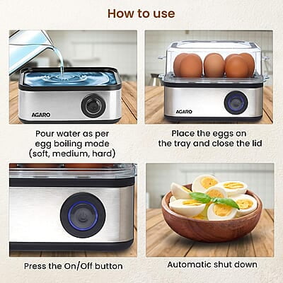 AGARO Grand Egg Boiler and Poacher,2-in1 Boils 8 Eggs, Poach 4 Eggs, Steamed Vegetables, 3 Boiling Modes, Stainless Steel Body, Transparent Lid, 500 Watts, Silver 14 ounces