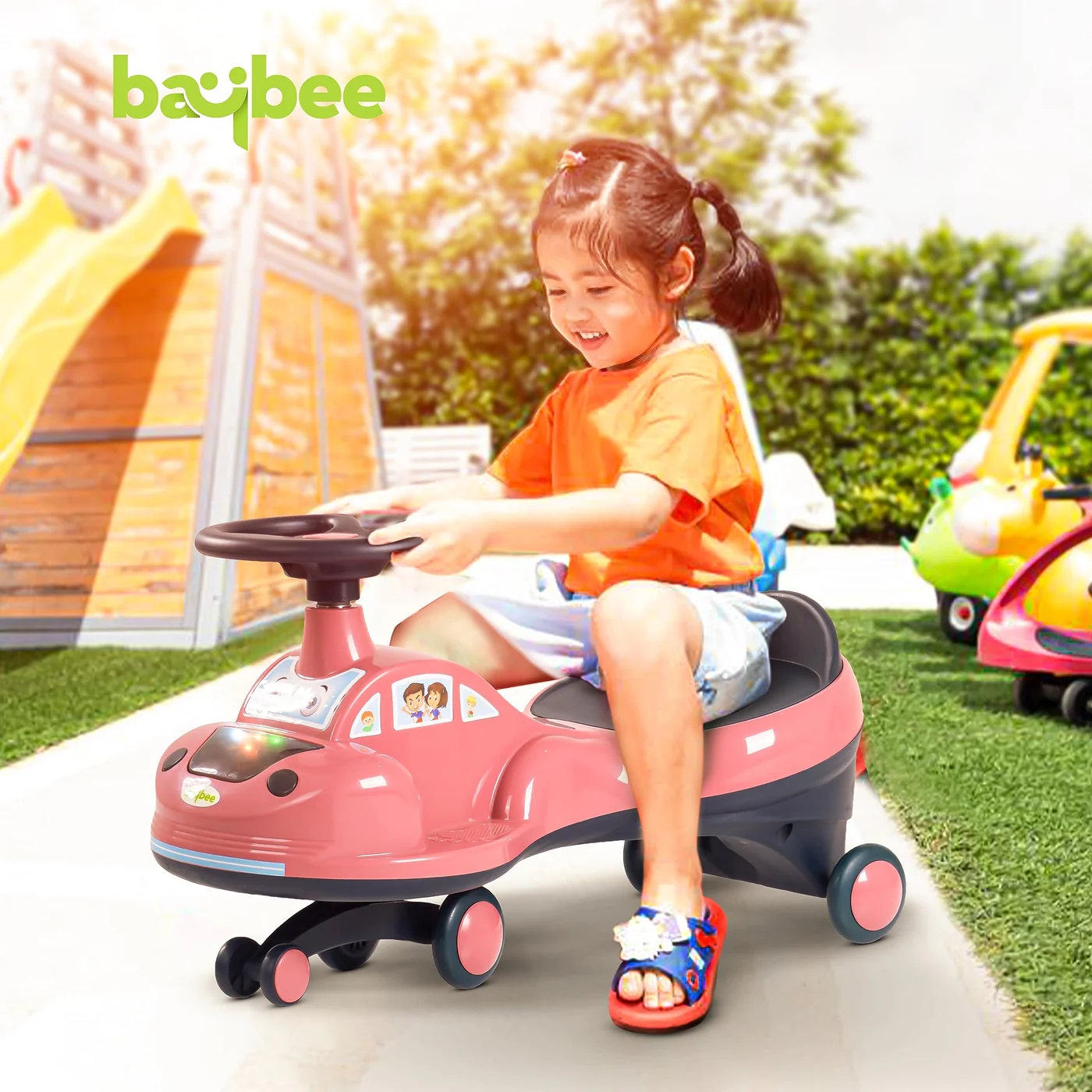 Baybee Flare Kids Ride on Magic Swing Cars with Flashing LED Lights Music & PP Wheels- Dark Pink