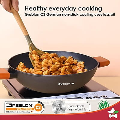 Wonderchef Caesar Forged Virgin Aluminium Kadhai with Glass Lid, 24cm, Black, Greblon C3 Non-stick Coating Wonderchef Caesar Forged Virgin Aluminium Kadhai with Glass Lid, 24cm, Black, Greblon C3 Non-stick Coating