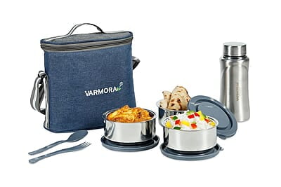 Varmora SS Hot-N-Fresh Stainless Steel Lunch Box Set Set of 3 Containers 300 ml Each with SS Bottle- 500ml