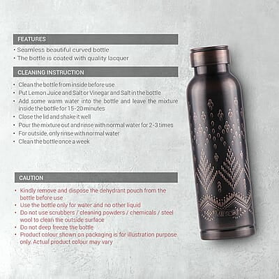 MILTON Copper Swasth Water Bottle, 940 ml, Black Ethnic Lacquer Coating, Curved bottle