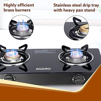 AGARO Elite 2 Burners Gas Stove, Toughened Glass Top, Round Brass Burners, 1 Small & 1 Medium Size Burner AGARO Elite 2 Burners Gas Stove, Toughened Glass Top, Round Brass Burners, 1 Small & 1 Medium Size Burner