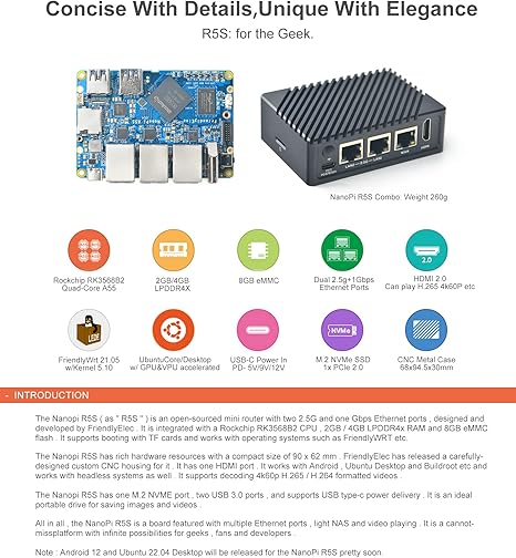 NanoPi R5S Mini Router with Metal Case,4GB LPDDR4 32GB EMMC, RK3568 Development Board 0.8TOPS NPU Support Docker Three Ethernet Ports USB3.0 HDMI Support M.2 NVMe PD Power (Power Bundle)