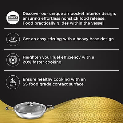 Preethi Diva Collection Triply Stainless Steel Kadai with API Technology, 28 cm, Gas & Induction
