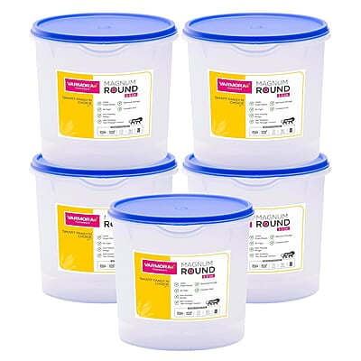 Varmora Magnum Round Smart Kitchen Storage Plastic Container – Blue Lid (2.5 Litres) (Pack of 5) Varmora Magnum Round Smart Kitchen Storage Plastic Container – Blue Lid (2.5 Litres) (Pack of 5)