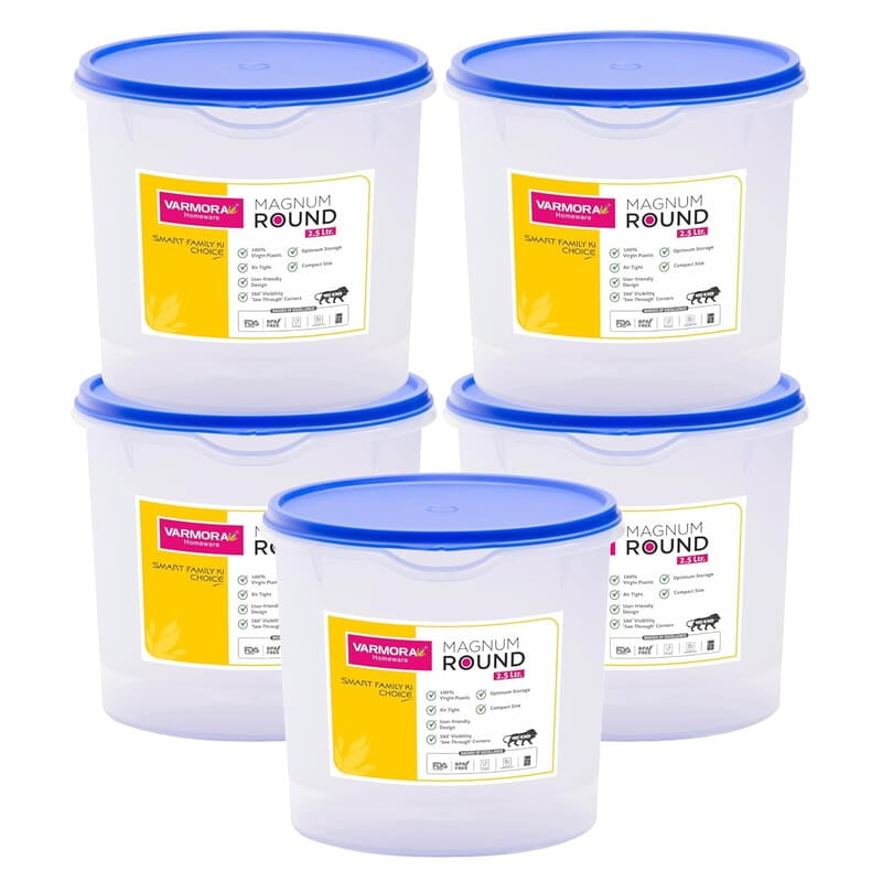 Varmora Magnum Round Smart Kitchen Storage Plastic Container – Blue Lid (2.5 Litres) (Pack of 5) Varmora Magnum Round Smart Kitchen Storage Plastic Container – Blue Lid (2.5 Litres) (Pack of 5)