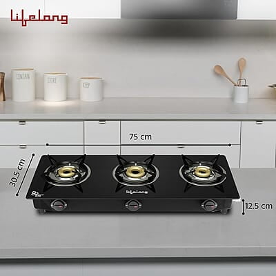 Lifelong 3 Burner Gas Stove Top for Kitchen - Automatic Ignition Cooktop Modern Glass Stove for Modular Kitchen, ISI Certified