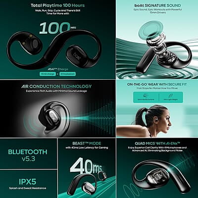 boAt Newly Launched Airdopes Progear Open Ear Ear Buds W/Air Conduction Technology, 4 Mics W/Ai-Enx, 100Hrs Playback, 15Mm Drivers, Secure Fit,Beast Mode W/ 40Ms Latency,ASAP Charge