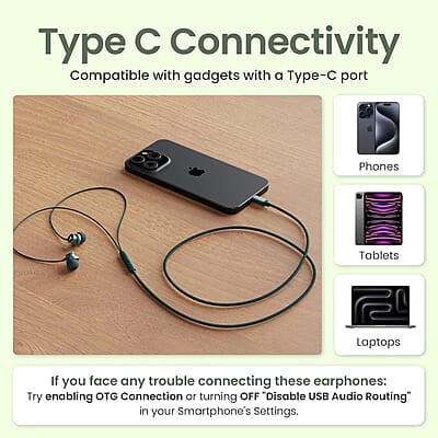 Ambrane Type C Wired in Ear Earphones with in-Line Mic for Clear Calling,1.2M Cable,10Mm Dynamic Drivers for Boostedbass,Control Buttons for iPhone 15,Samsung&Type C Devices Stringz 38C