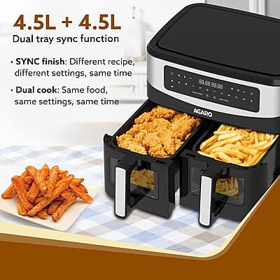 AGARO Imperial Dual Basket Digital Air Fryer, Independent 4.5L Basket, 10 Preset Cooking Modes, 360° Air Circulation, Convection, Digital Touch Display, 2400W AGARO Imperial Dual Basket Digital Air Fryer, Independent 4.5L Basket, 10 Preset Cooking Modes, 360° Air Circulation, Convection, Digital Touch Display, 2400W