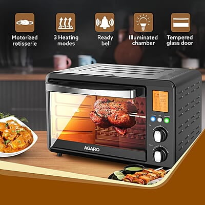 Agaro Imperial Digital Oven Toaster Griller, 28 Litres, 10 Preset Cooking Function, Convection Function, Motorized Rotisserie, Backlit Lcd Display, Black - 1500 Watts