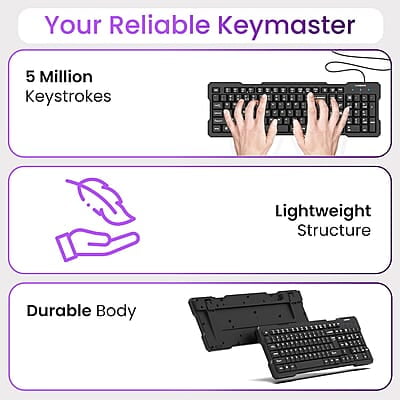 Ambrane Wired Keyboard, 104 Key with Membrane Switch Quick, 12Fn Shortcut Keys, Plug and Play USB Connection Compatible with PC, Mac, Laptop, Comfy and Ergonomically Design