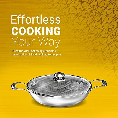 Preethi Diva Collection Triply Stainless Steel Kadai with API Technology, 28 cm, Gas & Induction