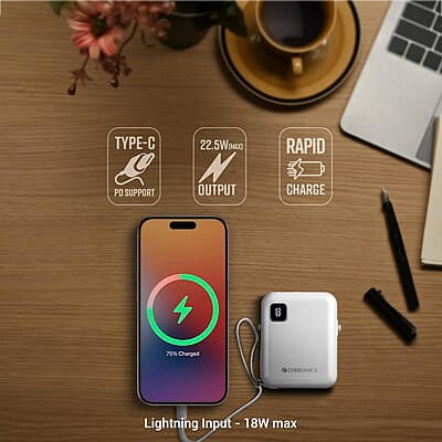 ZEBRONICS MW64 Compact Power Bank, 10000 mAh, Rapid Charge, 22.5W Output, Outputs - Type C Cable | Type C Port | Lightning Port, Percentage Indicator