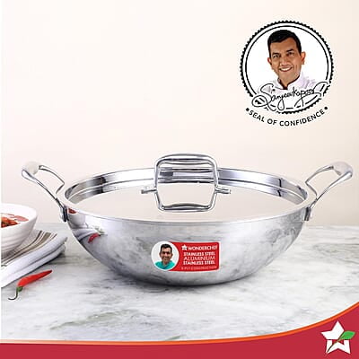 Wonderchef Nigella Tri-ply Stainless Steel 24 cm Kadhai with Lid 2.2 litres 2.6mm Thickness