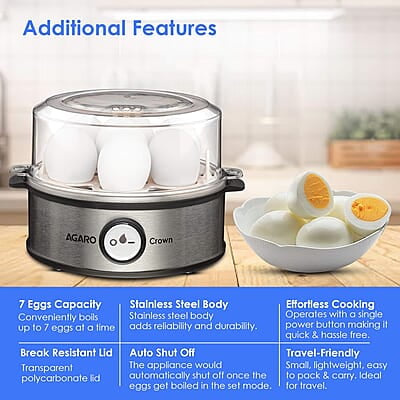 AGARO Crown Instant Egg Boiler 360 Watts, Boils Up to 7 Eggs with 3 Modes Heating/Stainless Steel Body (Silver) AGARO Crown Instant Egg Boiler 360 Watts, Boils Up to 7 Eggs with 3 Modes Heating/Stainless Steel Body (Silver)