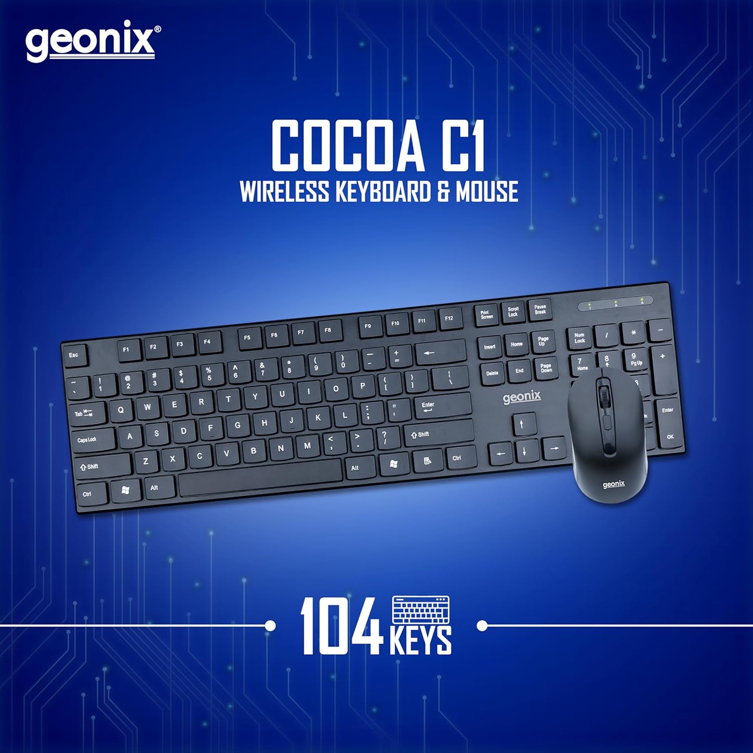 Geonix Cocoa C1 Wireless Keyboard and Mouse Combo, 800-1600 DPI, 104 Keys, GXWBK-01 Geonix Cocoa C1 Wireless Keyboard and Mouse Combo, 800-1600 DPI, 104 Keys, GXWBK-01