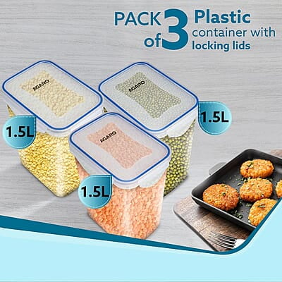 AGARO Airtight Container, Food Storage Container With Lid Tall Rectangular Plastic Body, Leak Proof, BPA Free, Capacity 1.5L Each, Pack of 3