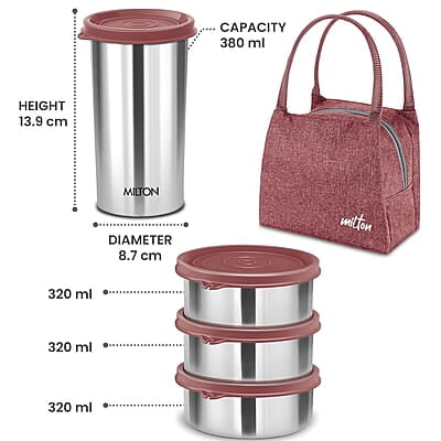 MILTON Bling Bag Tiffin (3 Inner Stainless Steel Containers 320 ml each and 1 Tumbler, 380 ml with Jacket MILTON Bling Bag Tiffin (3 Inner Stainless Steel Containers 320 ml each and 1 Tumbler, 380 ml with Jacket