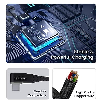 Ambrane Type C Mobile Charging Cable 3A Fast Charging, 1 Meter, L Shaped Braided Cable, 480Mbps