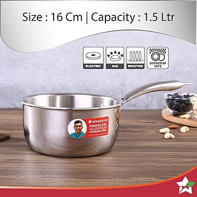 Wonderchef Nigella Tri-ply Stainless Steel 16 cm Sauce Pan 1.5 Liters 2.6mm Thickness Silver Wonderchef Nigella Tri-ply Stainless Steel 16 cm Sauce Pan 1.5 Liters 2.6mm Thickness Silver