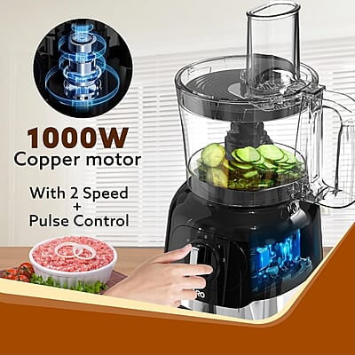 AGARO Grand Food Processor, Multi-functional Chopper, Grinder, Slicer, Shredder, Blender, 1000W, Mincing, Dicing, Shredding, Kneading, SS Blade, Black
