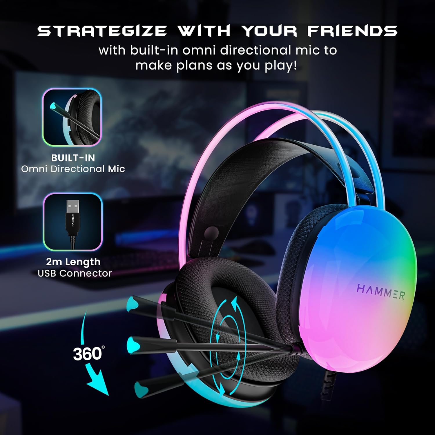 HAMMER Blaze Wired Over Ear Gaming Headphones with Mic, 50mm Drivers, Full RGB Lights, Gaming Headset with Adjustable Bands, Breathable earcushion, 1.5Mtr Wire with USB (Black) HAMMER Blaze Wired Over Ear Gaming Headphones with Mic, 50mm Drivers, Full RGB Lights, Gaming Headset with Adjustable Bands, Breathable earcushion, 1.5Mtr Wire with USB (Black)
