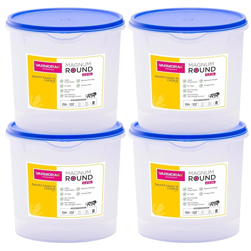 Varmora Magnum Round Smart Kitchen Storage Plastic Container – Blue Lid (2.5 Litres) (Pack of 4) Varmora Magnum Round Smart Kitchen Storage Plastic Container – Blue Lid (2.5 Litres) (Pack of 4)