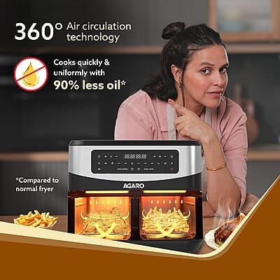 AGARO Imperial Dual Basket Digital Air Fryer, Independent 4.5L Basket, 10 Preset Cooking Modes, 360° Air Circulation, Convection, Digital Touch Display, 2400W AGARO Imperial Dual Basket Digital Air Fryer, Independent 4.5L Basket, 10 Preset Cooking Modes, 360° Air Circulation, Convection, Digital Touch Display, 2400W