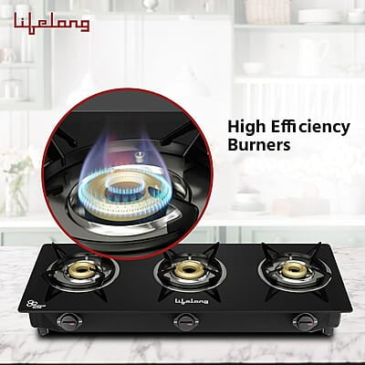 Lifelong 3 Burner Gas Stove Top for Kitchen - Automatic Ignition Cooktop Modern Glass Stove for Modular Kitchen, ISI Certified