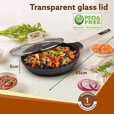 AGARO Imperial Granite Non Stick Frypan with Glass Lid, 1.6L / 24cm, Cast Aluminium Body