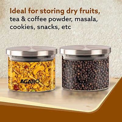 AGARO Elite Borosilicate Glass Jar 350 ml, Round Shaped, Steel Lid  Pack of 2.