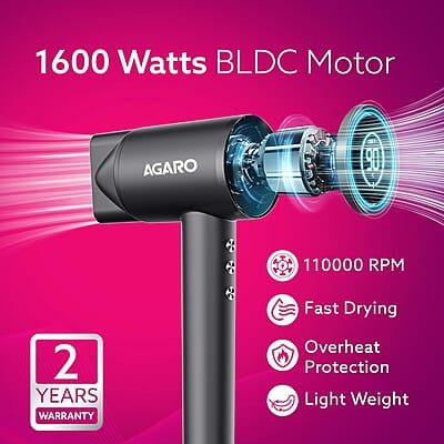 AGARO HD3240 Hair Dryer, Brushless 1600W Motor, 3 Speed & 4 temperature settings