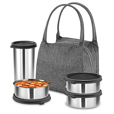 MILTON Bling Bag Tiffin (3 Inner Stainless Steel Containers 320 ml each and 1 Tumbler, 380 ml with Jacket MILTON Bling Bag Tiffin (3 Inner Stainless Steel Containers 320 ml each and 1 Tumbler, 380 ml with Jacket