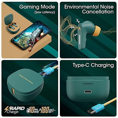 Zebronics DC Aquaman Edition Sound Bomb 7 TWS Wireless in Ear Earbuds with 40H* Backup, Rapid Charge, 50ms Gaming Mode, ENC mic, Voice Assistant, Flash Connect, Splash Proof, BT v5.2 and Type C