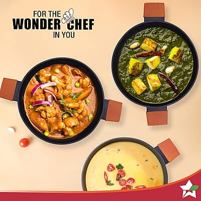 Wonderchef Caesar Forged Virgin Aluminium Kadhai with Glass Lid, 28cm, Black, Greblon C3 Wonderchef Caesar Forged Virgin Aluminium Kadhai with Glass Lid, 28cm, Black, Greblon C3