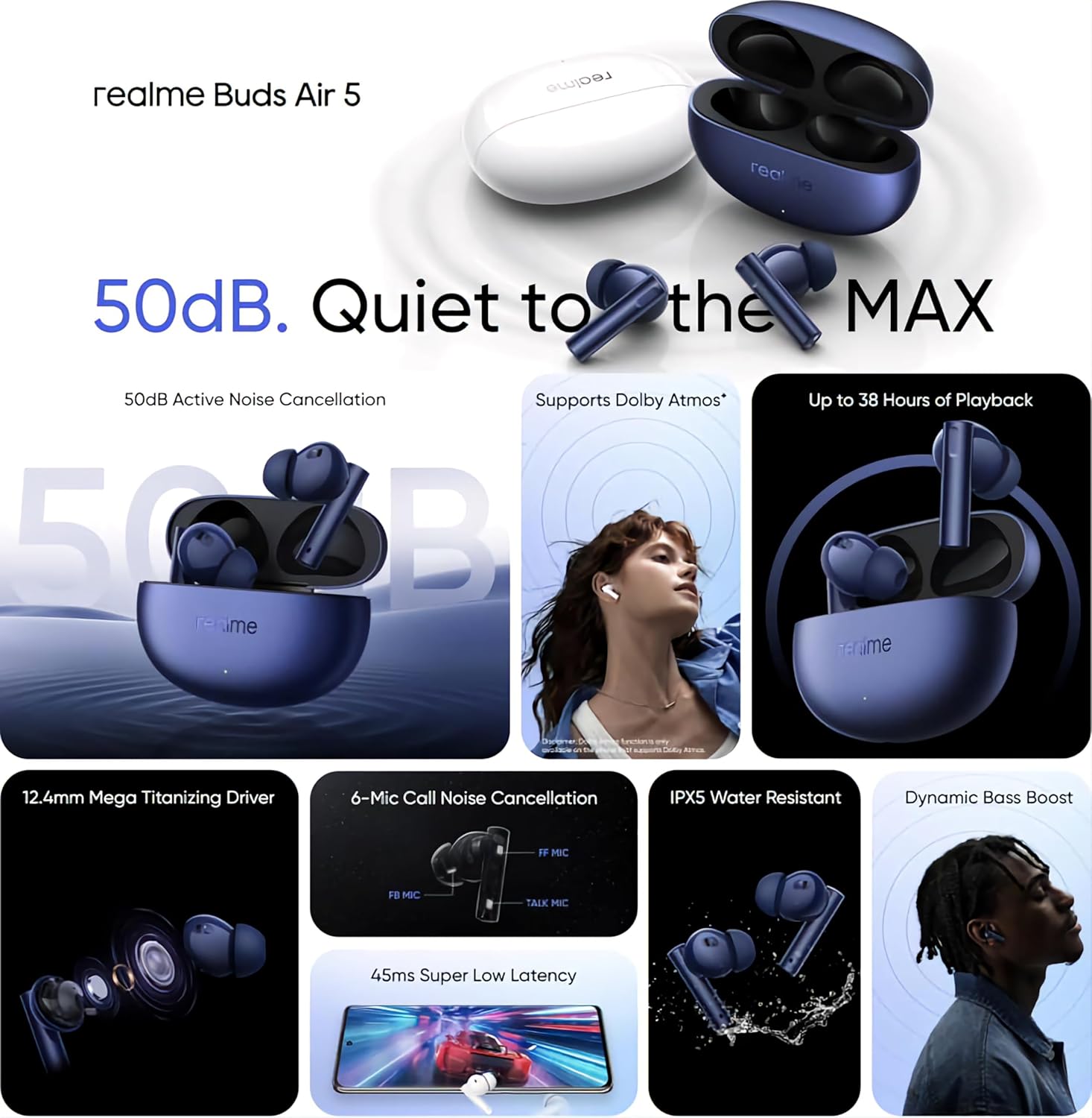 realme Buds Air 5 TWS Earbuds, 50dB ANC, 38Hrs Battery, 12.4mm Bass Driver, Fast Charge, 45ms Low Latency (Arctic White) realme Buds Air 5 TWS Earbuds, 50dB ANC, 38Hrs Battery, 12.4mm Bass Driver, Fast Charge, 45ms Low Latency (Arctic White)