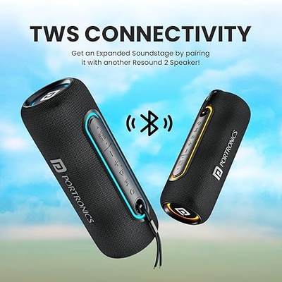 Portronics Resound 2 15W HD Sound Portable Wireless Bluetooth Speaker, in-Built Mic, RGB Lights, TWS Connectivity, Bluetooth v5.3, IPX5 Water Resistant, Type C Charging Port Portronics Resound 2 15W HD Sound Portable Wireless Bluetooth Speaker, in-Built Mic, RGB Lights, TWS Connectivity, Bluetooth v5.3, IPX5 Water Resistant, Type C Charging Port