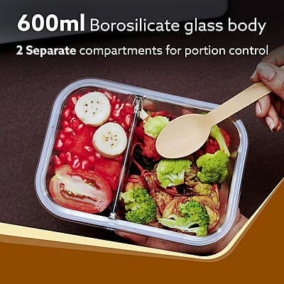 AGARO Compartment Lunch Box/Container 600Ml, Office Tiffin Box for Men & Women, Borosilicate Glass Body