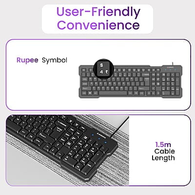 Ambrane Wired Keyboard, 104 Key with Membrane Switch Quick, 12Fn Shortcut Keys, Plug and Play USB Connection Compatible with PC, Mac, Laptop, Comfy and Ergonomically Design