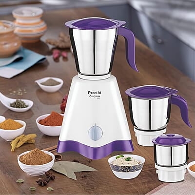 Preethi Crown Pro MG-254 Mixer grinder, 600 watt, White/Purple, 3 Jars with 5yr Motor Warranty & Lifelong Free Service