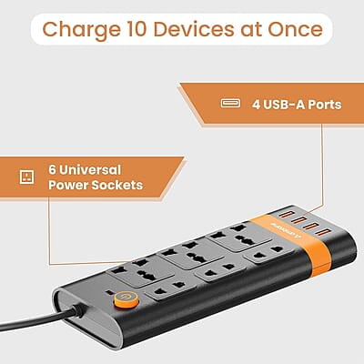 Ambrane Extension Board, 10 Ports with 4 USB Ports + 6 Power Sockets Smart Electric Surge Protector Multi Plug with 2500W, 3Mtr Cord Length, 2.1A USB Output Smartstrip