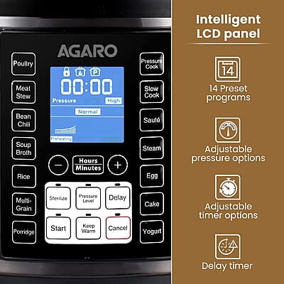 AGARO Imperial Electric Pressure Cooker, 6 litre, 14 Pre-Set multi Cooking Functions, Adjustable Pressure