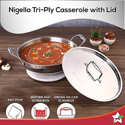 Wonderchef Nigella Tri-ply Stainless Steel 20 cm Kadhai with Lid 1.5 Litre  2.6mm Thickness