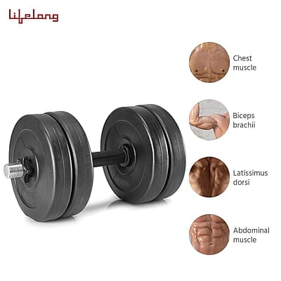 Lifelong PVC Home Gym Set 10Kg Plate 3Feet Curl Rod and Dumbbells Rods with Gym Accessories